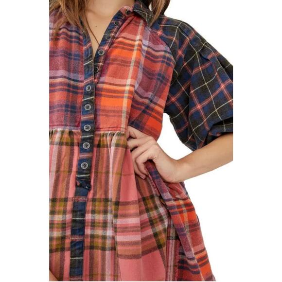 Free People Blouse Oversize Moon Bay Mixed Plaid Flannel Berry Combo - Picture 10 of 11